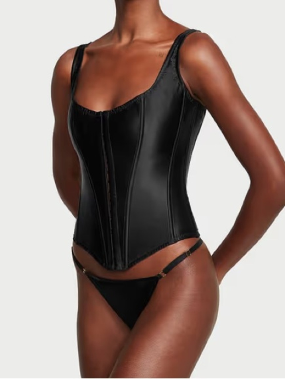 Victoria's Secret 100% Silk Classic Black Lace Up Corset & Panty Set - S